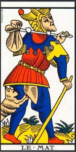 Carte du tarot de Marseille, Le Mat (c) From Wikipedia, This image is in the public domain because its copyright has expired.